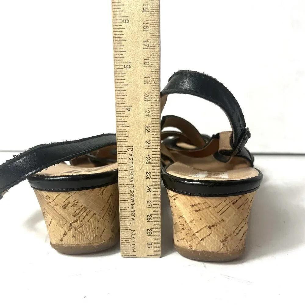 Spring Step Sandals Black Leather Cork Heel Sling Back Women Sz EU 42 US 11.5-12